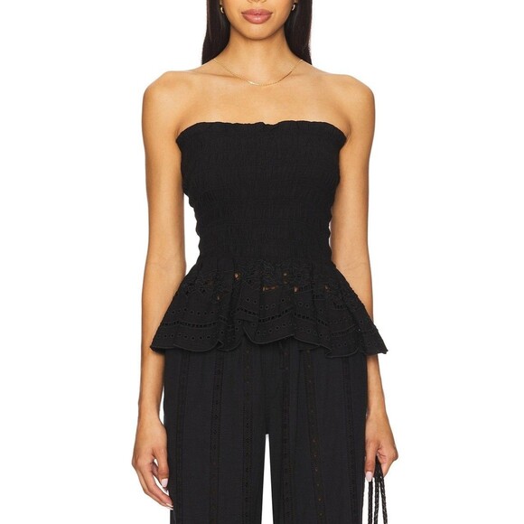 Damson Madder Martina Cami Tank Top Smocked Broderie Cutout Black S-6 New 284778 - Picture 3 of 9